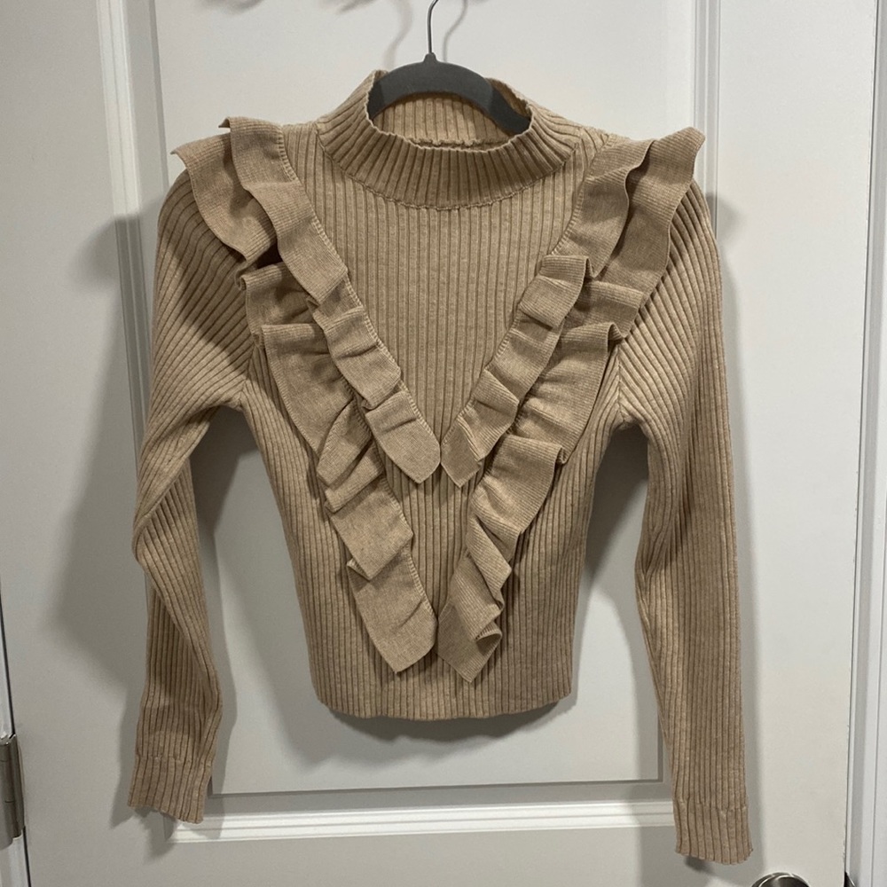 SHEIN Ribbed Ruffle Mock Cropped Sweater - Picture 1 of 7